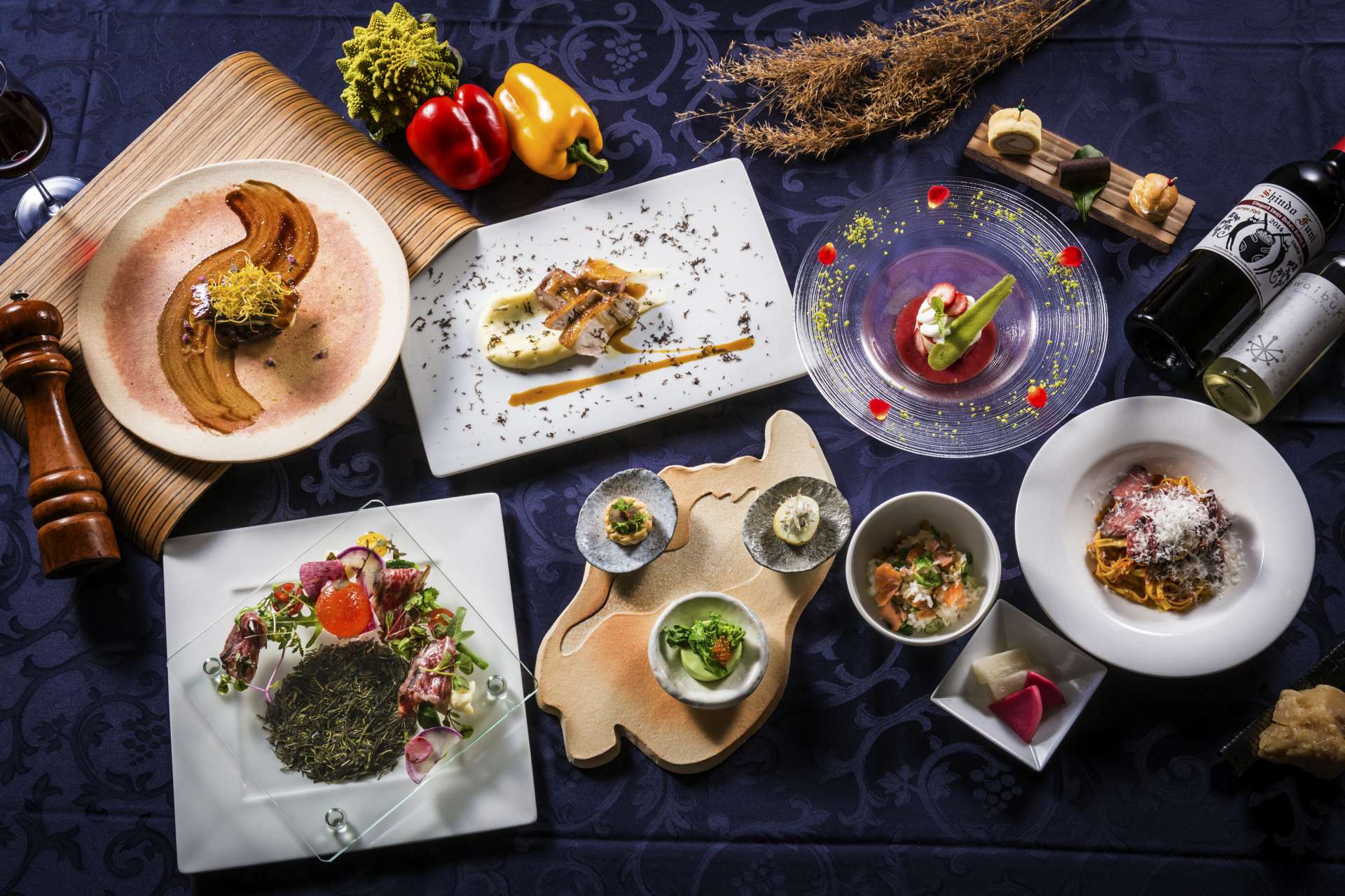 Dinner featuring Shiga's ingredients and tableware.