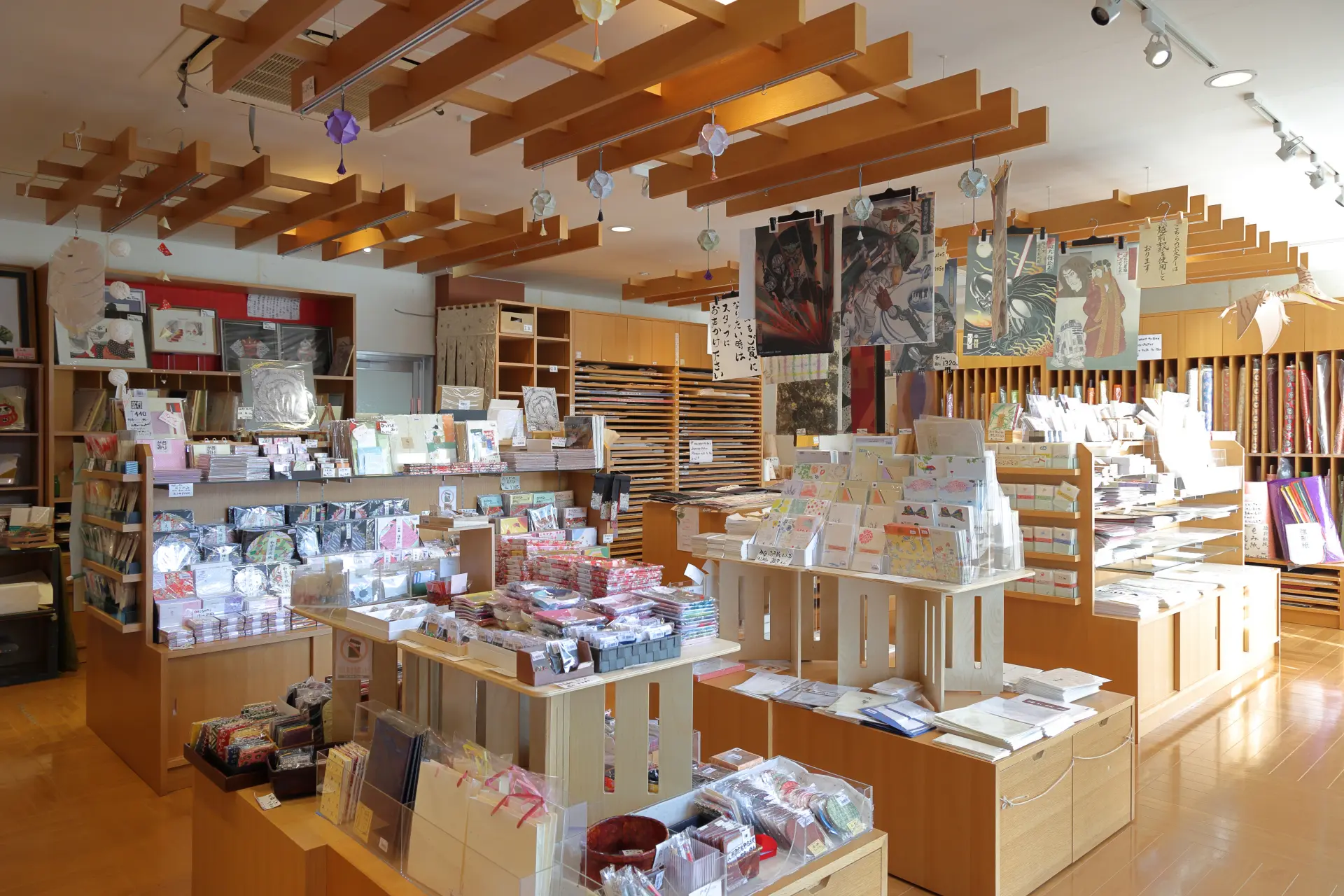 The shop is filled with a wide variety of washi paper and washi-related goods, beautifully displayed in every corner.