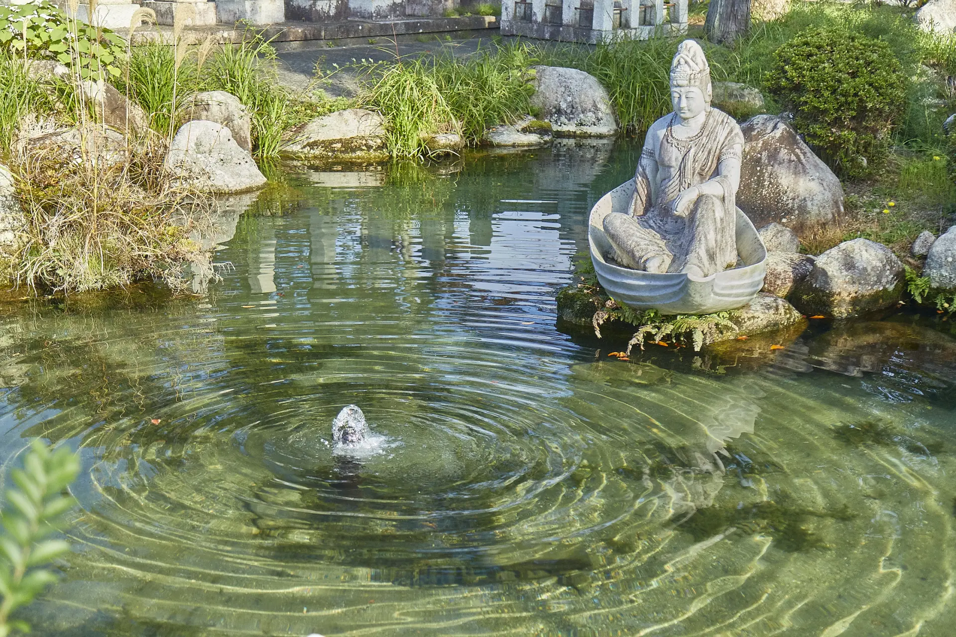 The spring water of Kamegaike Pond, watched over by a stone statue of Yakushi Nyorai (the Buddha of Healing), is one of the tour’s highlights.