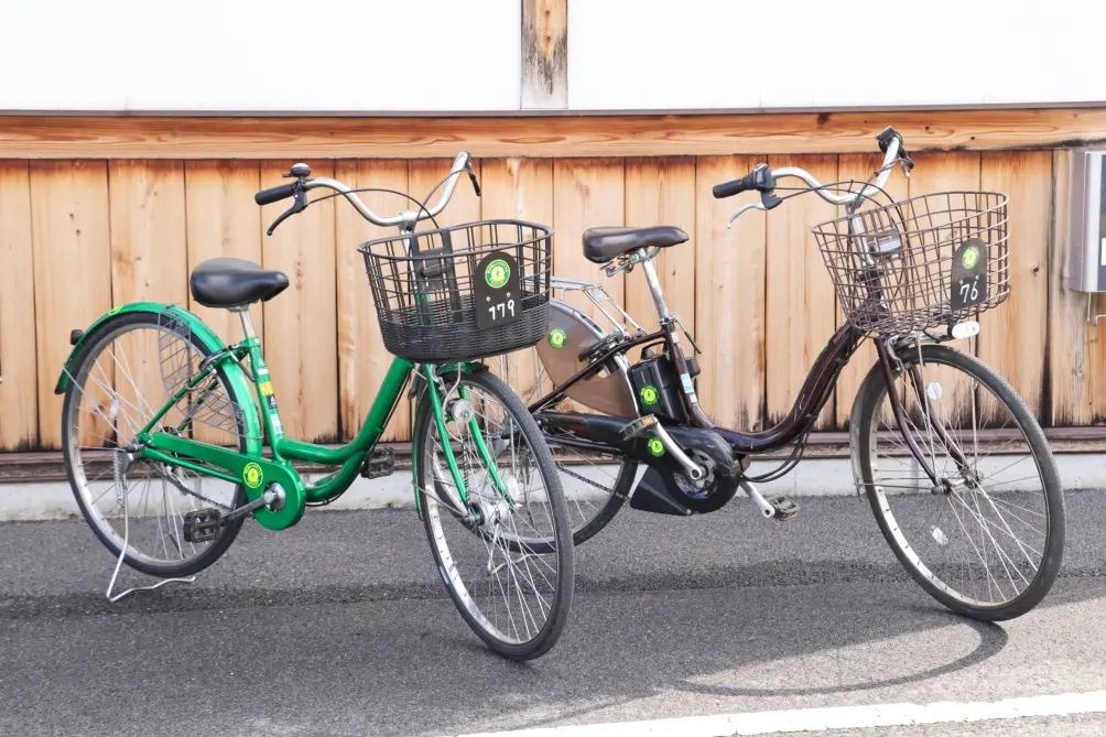 Bicycles are available in five sizes, ranging from children’s to adult models. Due to the many slopes in the area, an electric bicycle (right) is the best option for those who want an easier ride.