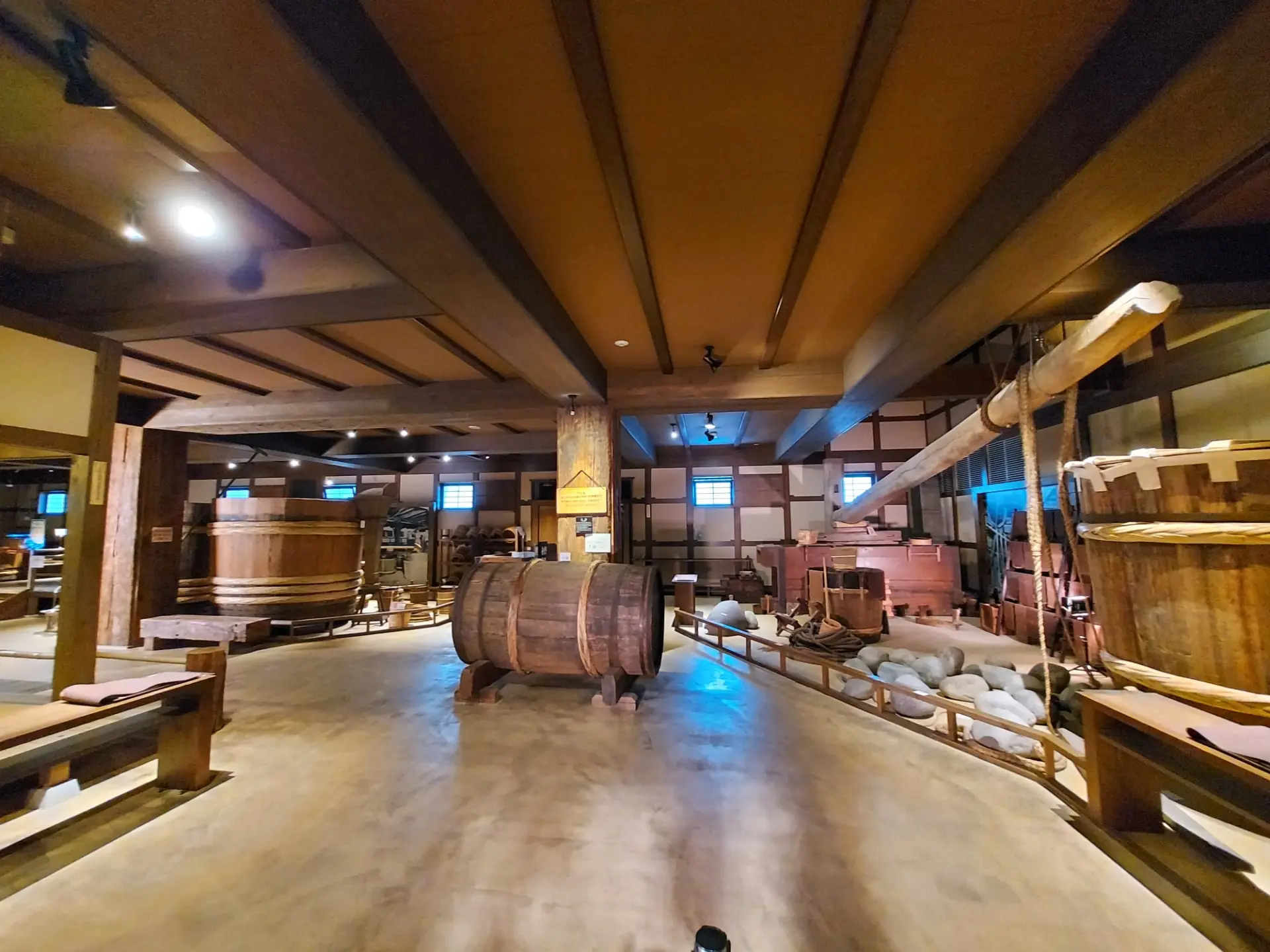 Almost all the old sake brewing tools on display are designated as Important Tangible Folk Cultural Properties of Japan.