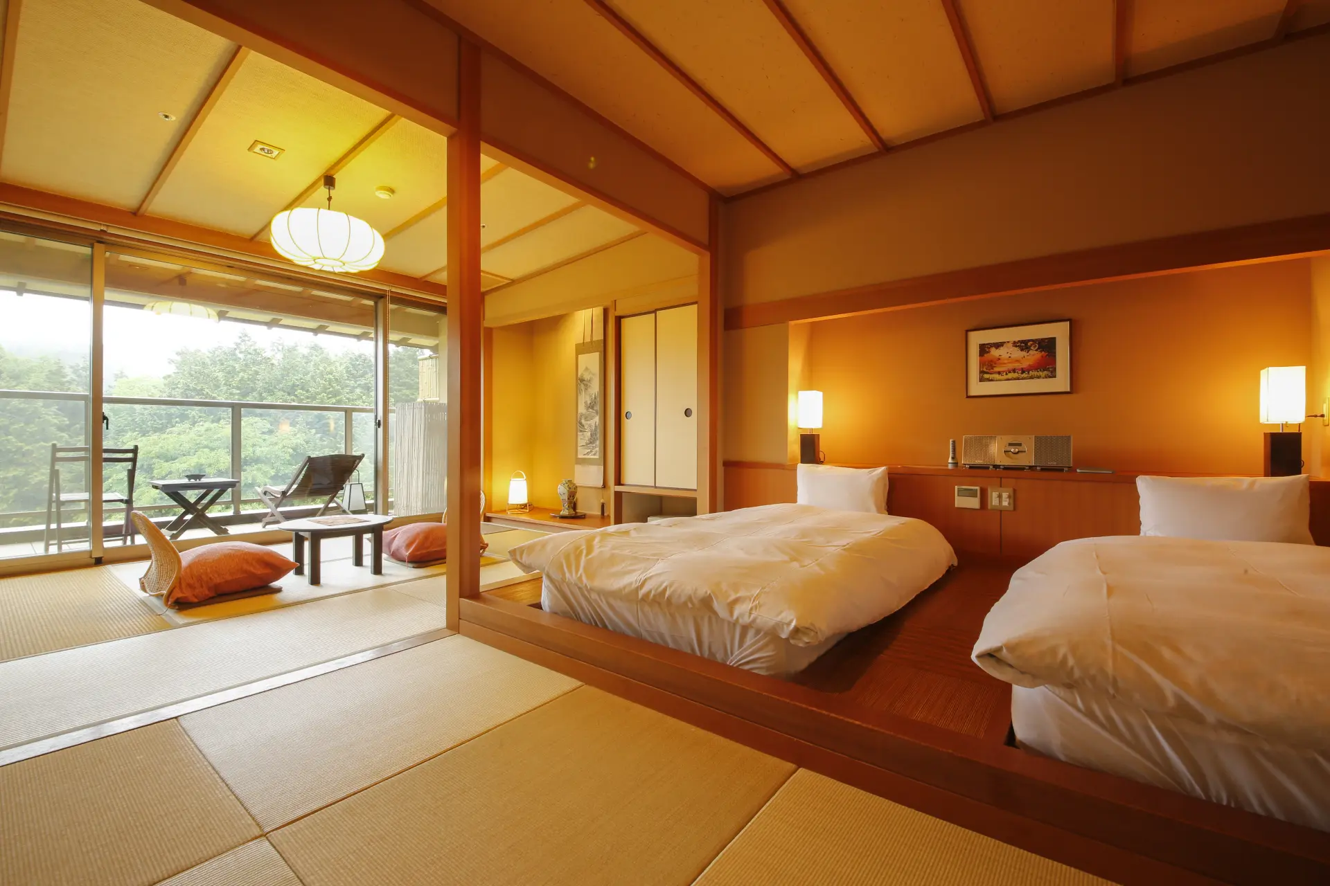 Rooms are designed in a Japanese-Western style, with tatami flooring and beds.