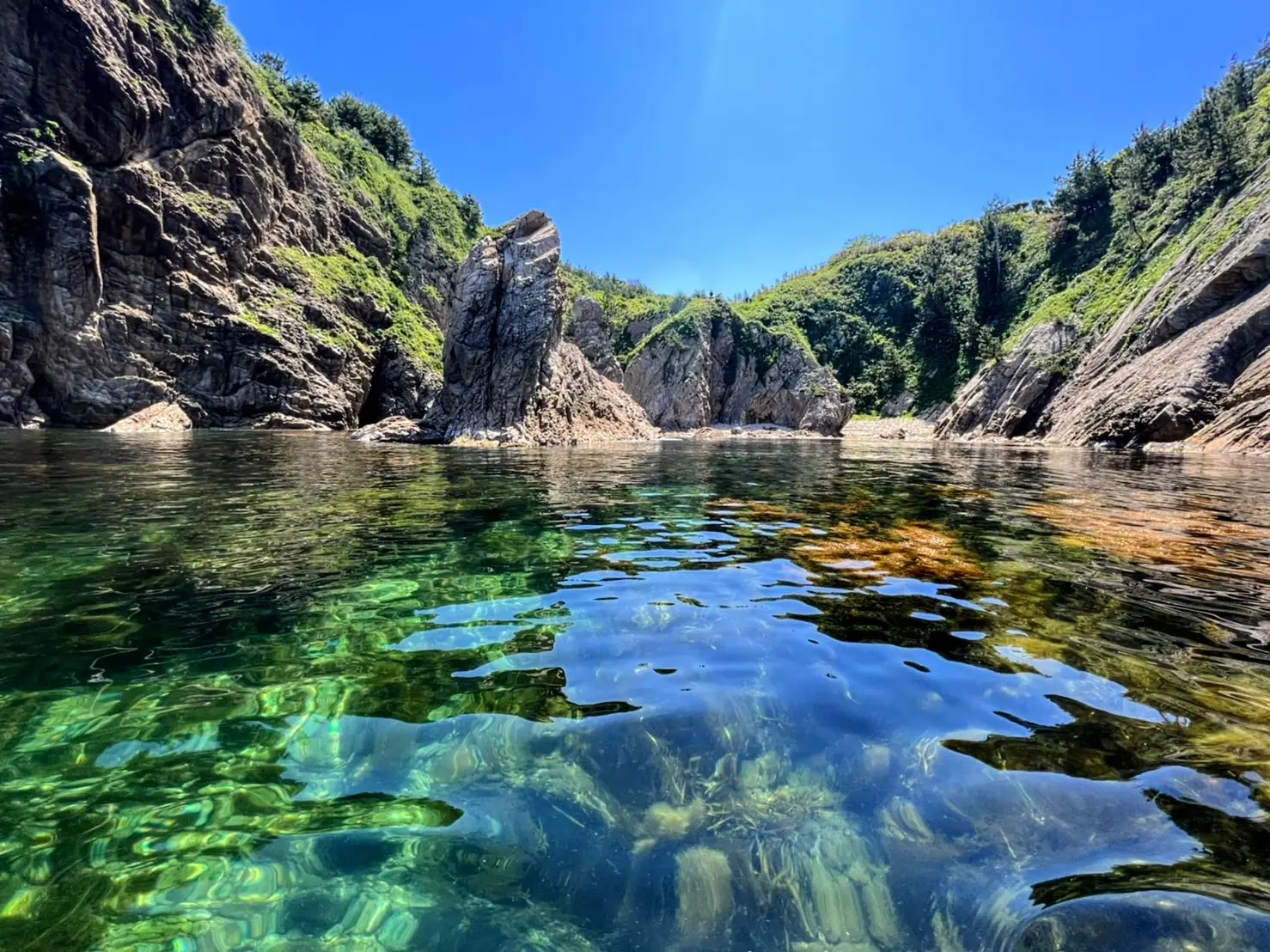 The undeniably crystal-clear waters of Uradome Coast in a vibrant shimmer of green.